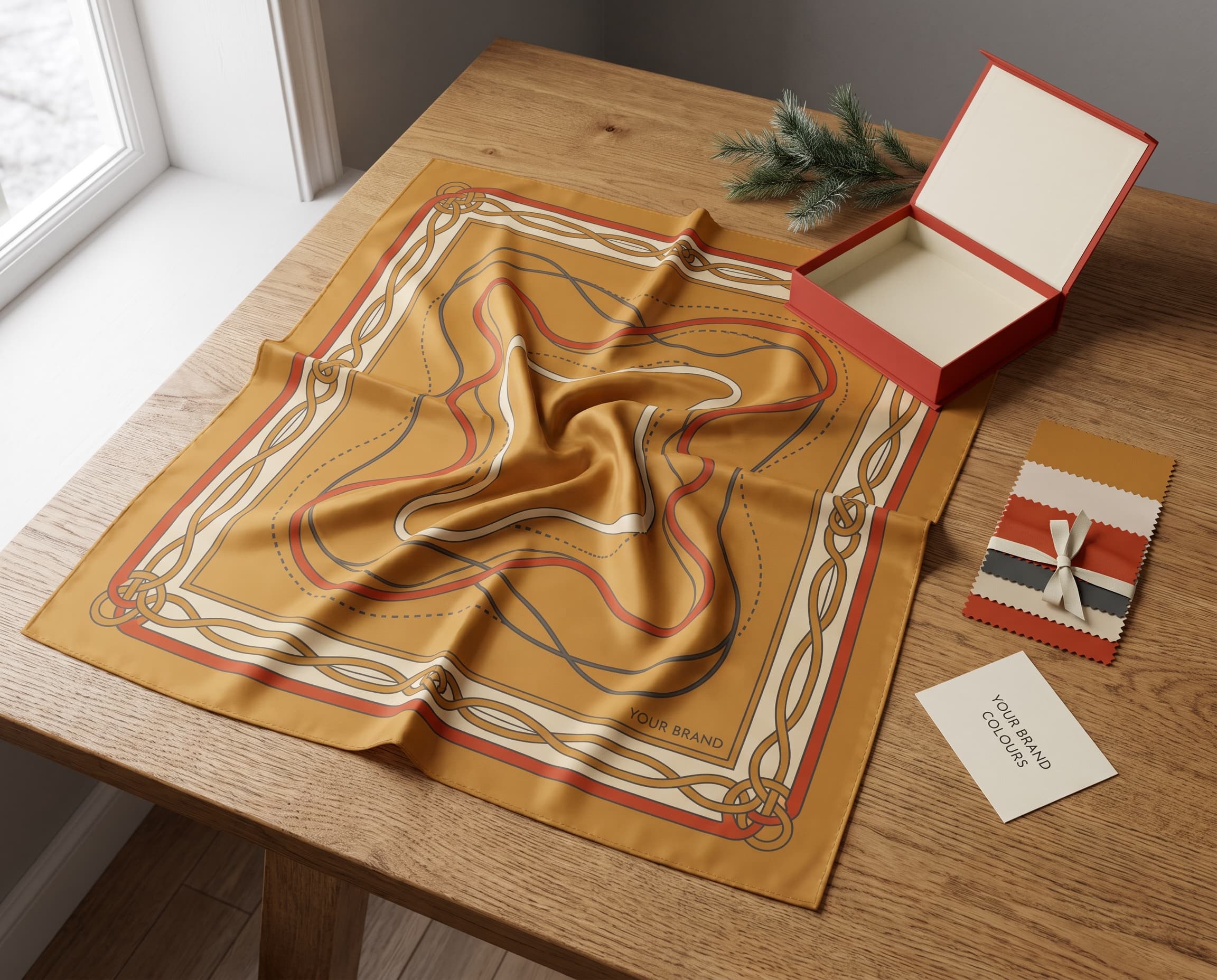 Yıl sonu müşteri hediyesi için sarı ve kırmızı tonlarda 65 × 65 cm fular tasarımı